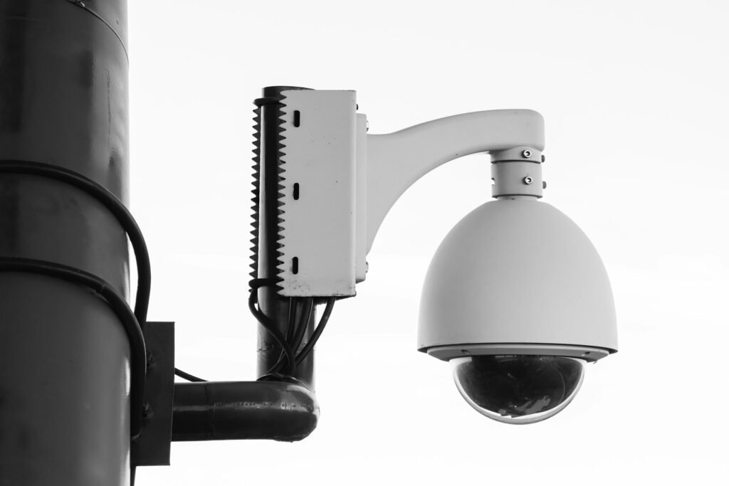 PTZ security camera on a mounting post