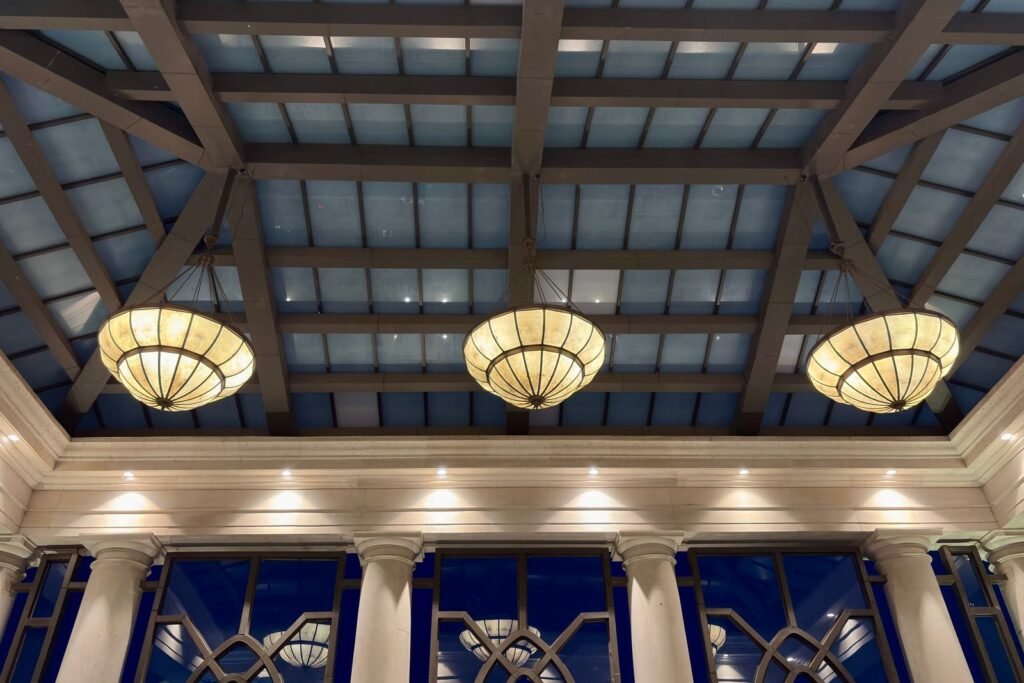 Hotel lobby with geometric pendant lights